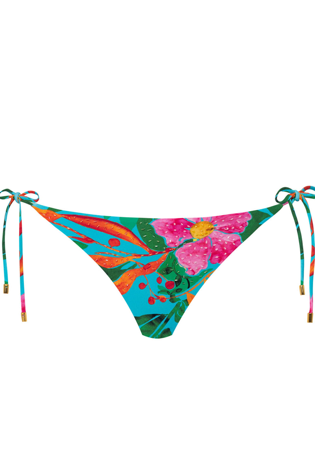 A blue bikini bottom with loral print against a white wall.