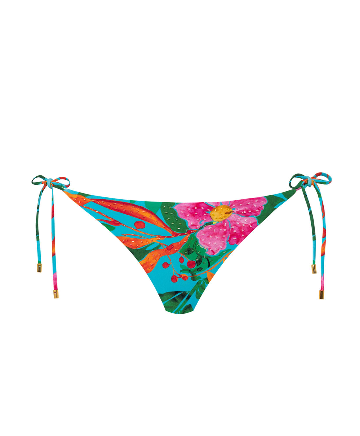 A blue bikini bottom with loral print against a white wall.