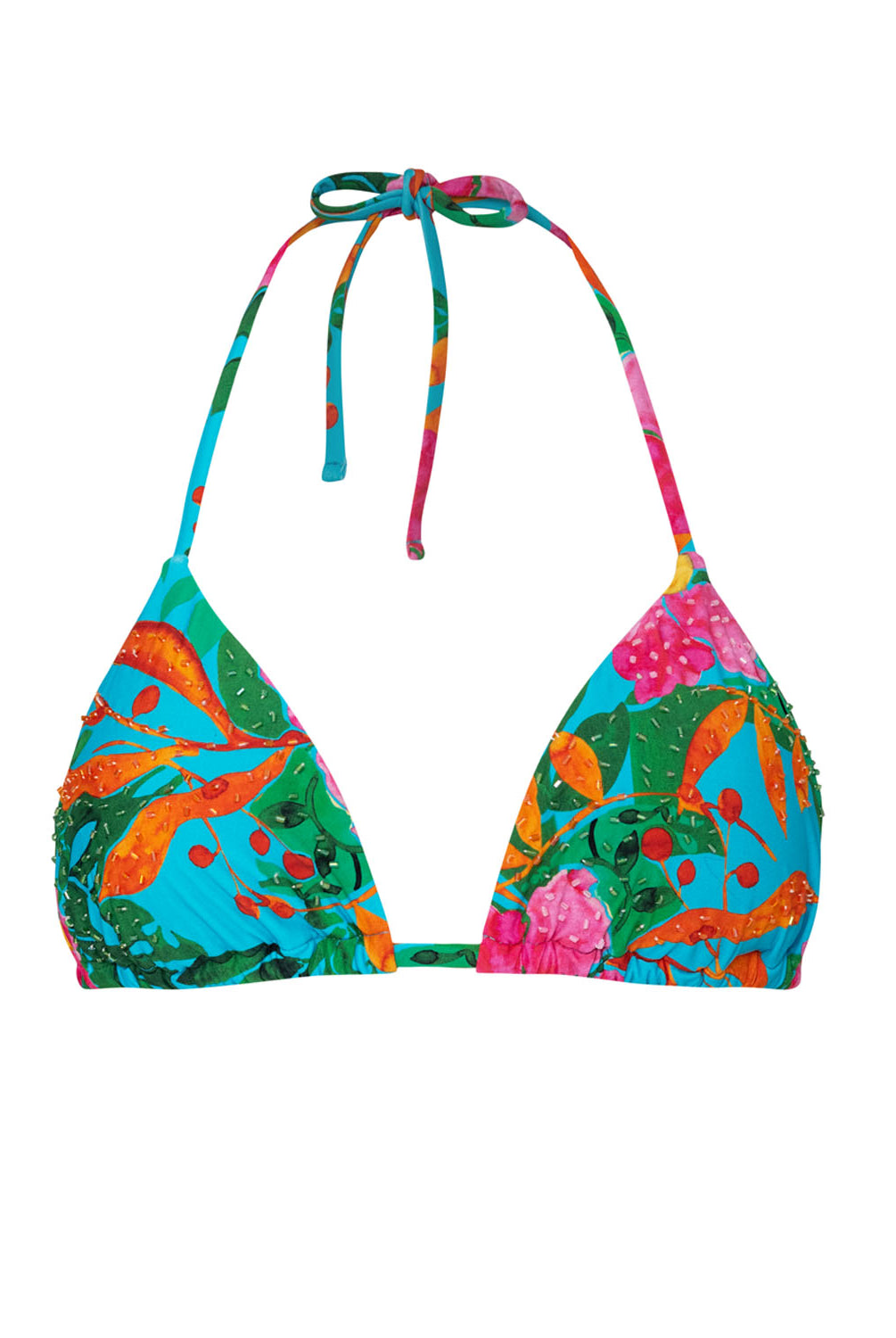 A blue bikini triangle top with a floral print against a white wall.
