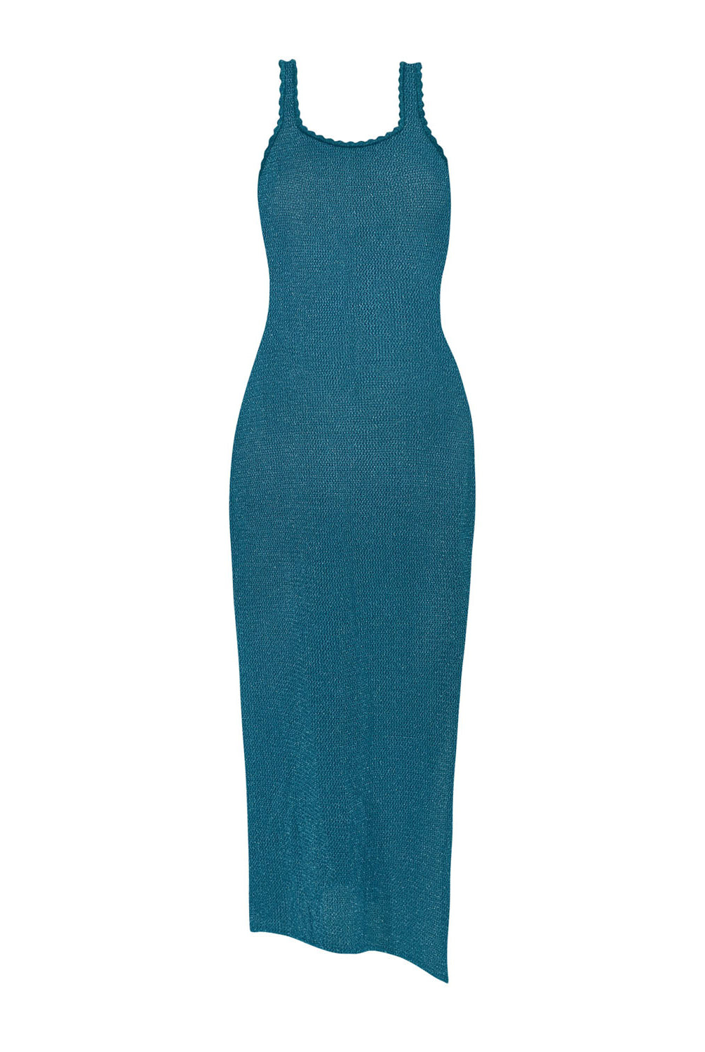 A teal dress against a white wall.