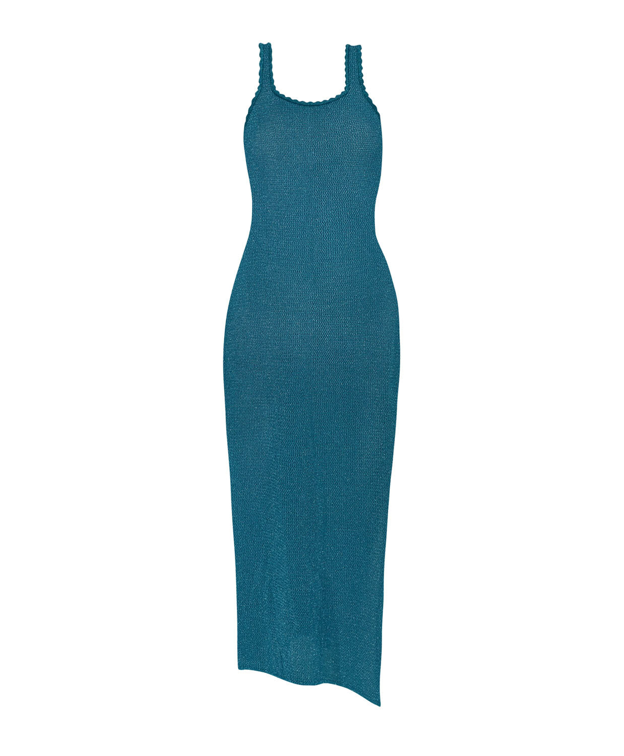 A teal dress against a white wall.