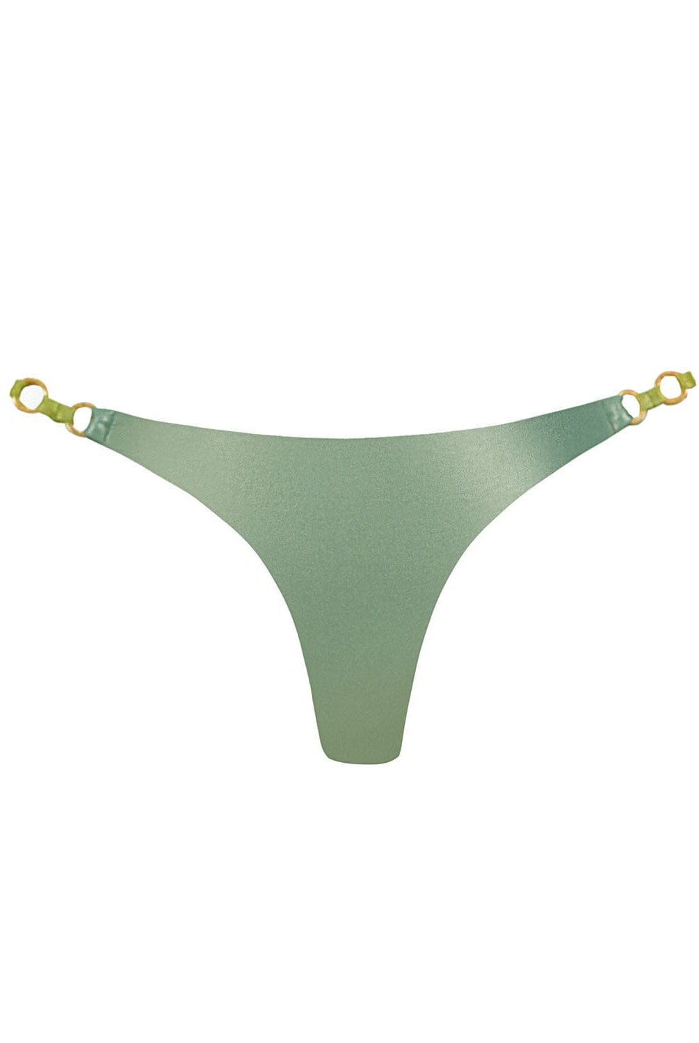 A green metallic bikini bottom against a white wall.