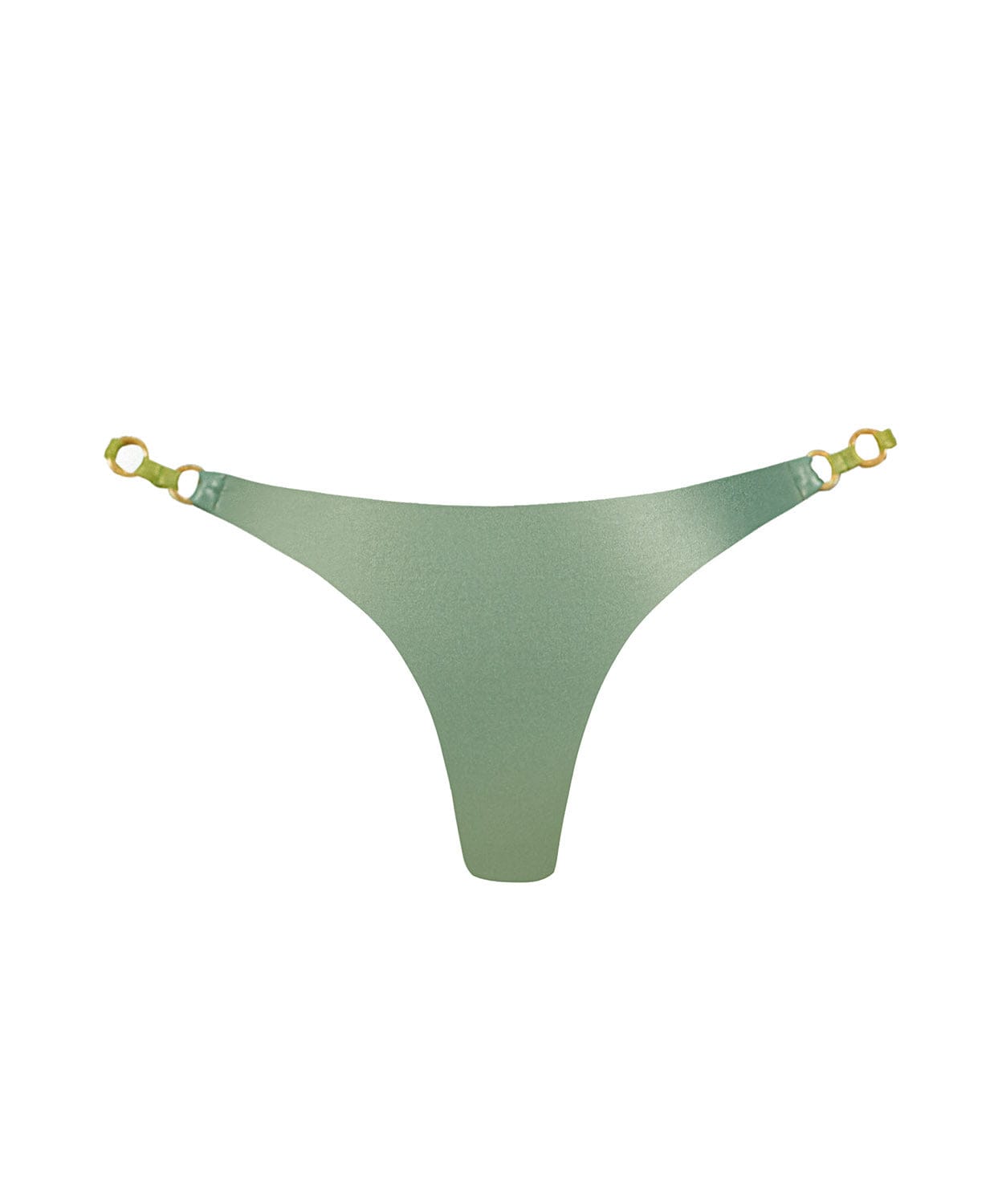 A green metallic bikini bottom against a white wall.