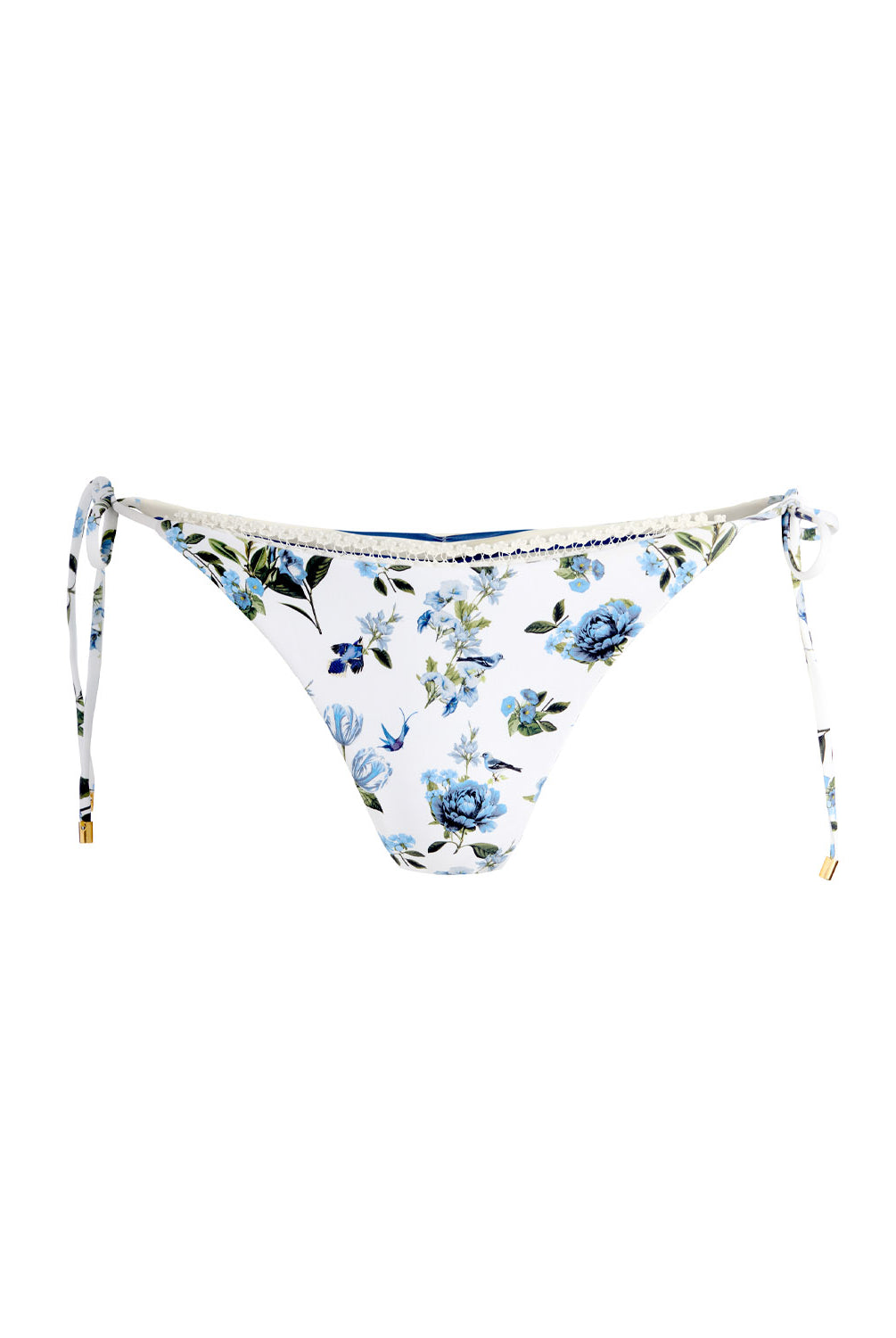 American Beauty Reversible Tie Side Bottom striped royal blue on one side and fresh floral print on the other with lace-trim embroidery and string ties