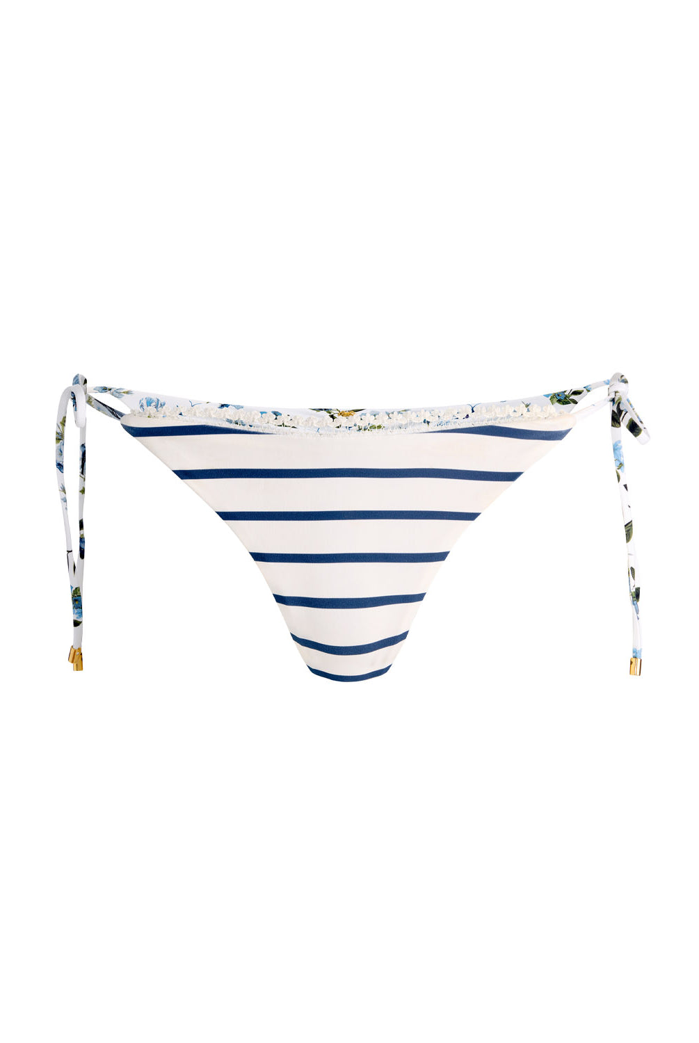 American Beauty Reversible Tie Side Bottom striped royal blue on one side and fresh floral print on the other with lace-trim embroidery and string ties
