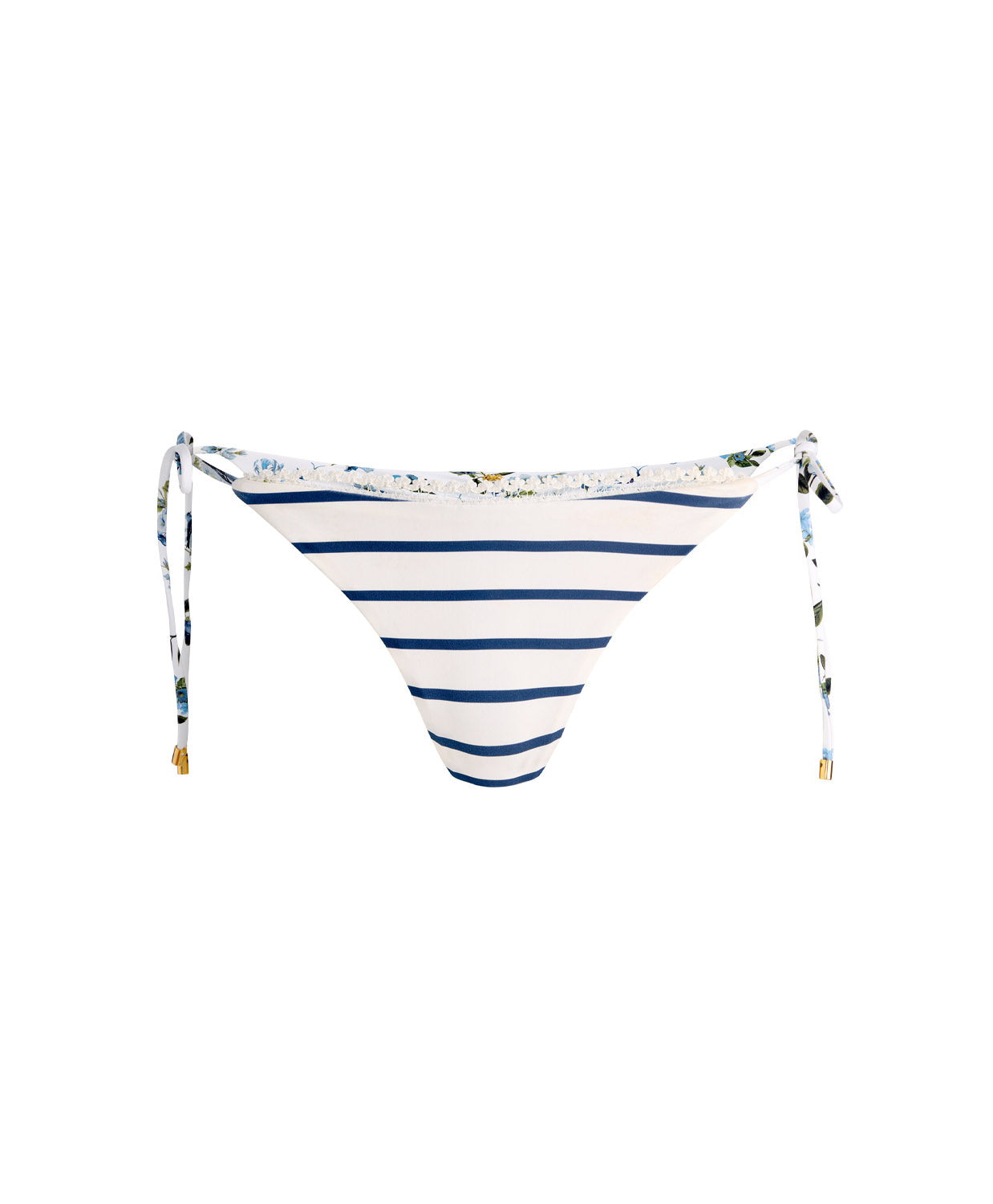 American Beauty Reversible Tie Side Bottom striped royal blue on one side and fresh floral print on the other with lace-trim embroidery and string ties