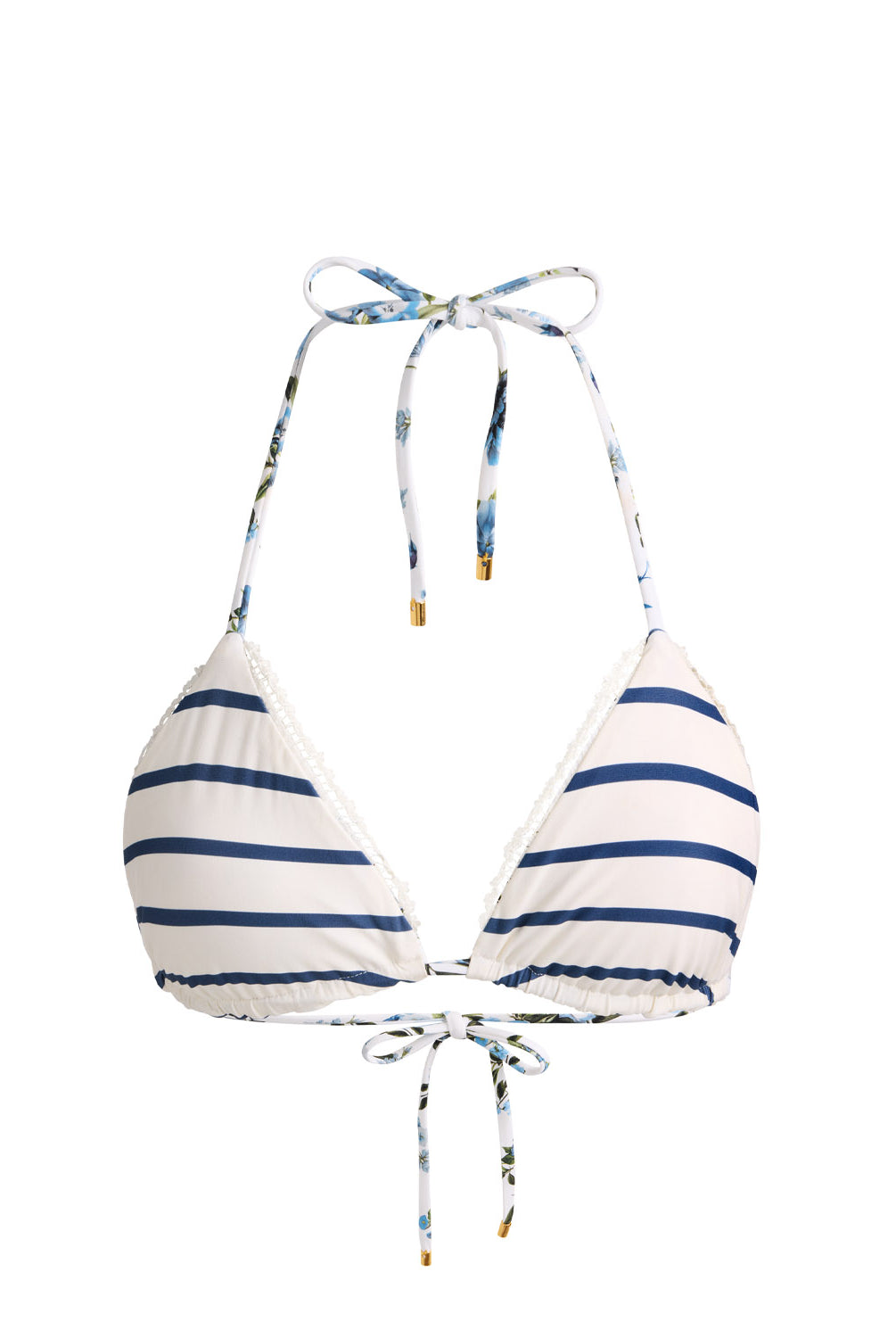 American Beauty Reversible Triangle Top bikini with royal blue stripes on one side and fresh floral print on the other, lace-trim embroidered string silhouette.