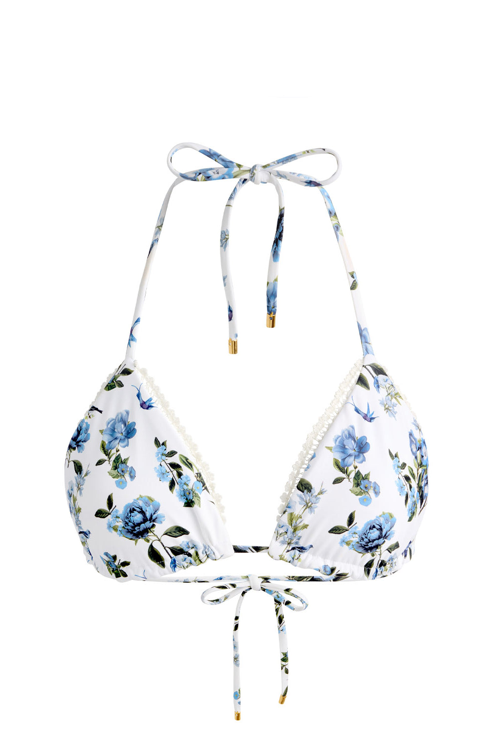 American Beauty Reversible Triangle Top bikini with royal blue stripes on one side and fresh floral print on the other, lace-trim embroidered string silhouette.