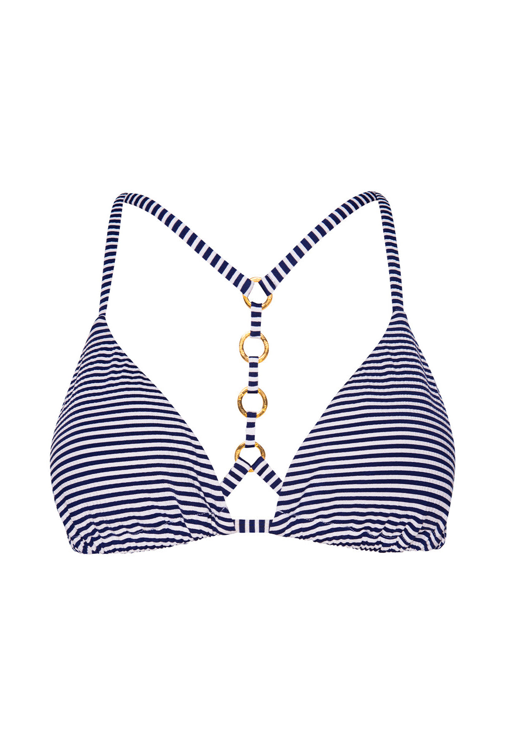 Navy and white striped seersucker triangle bikini top with adjustable ties