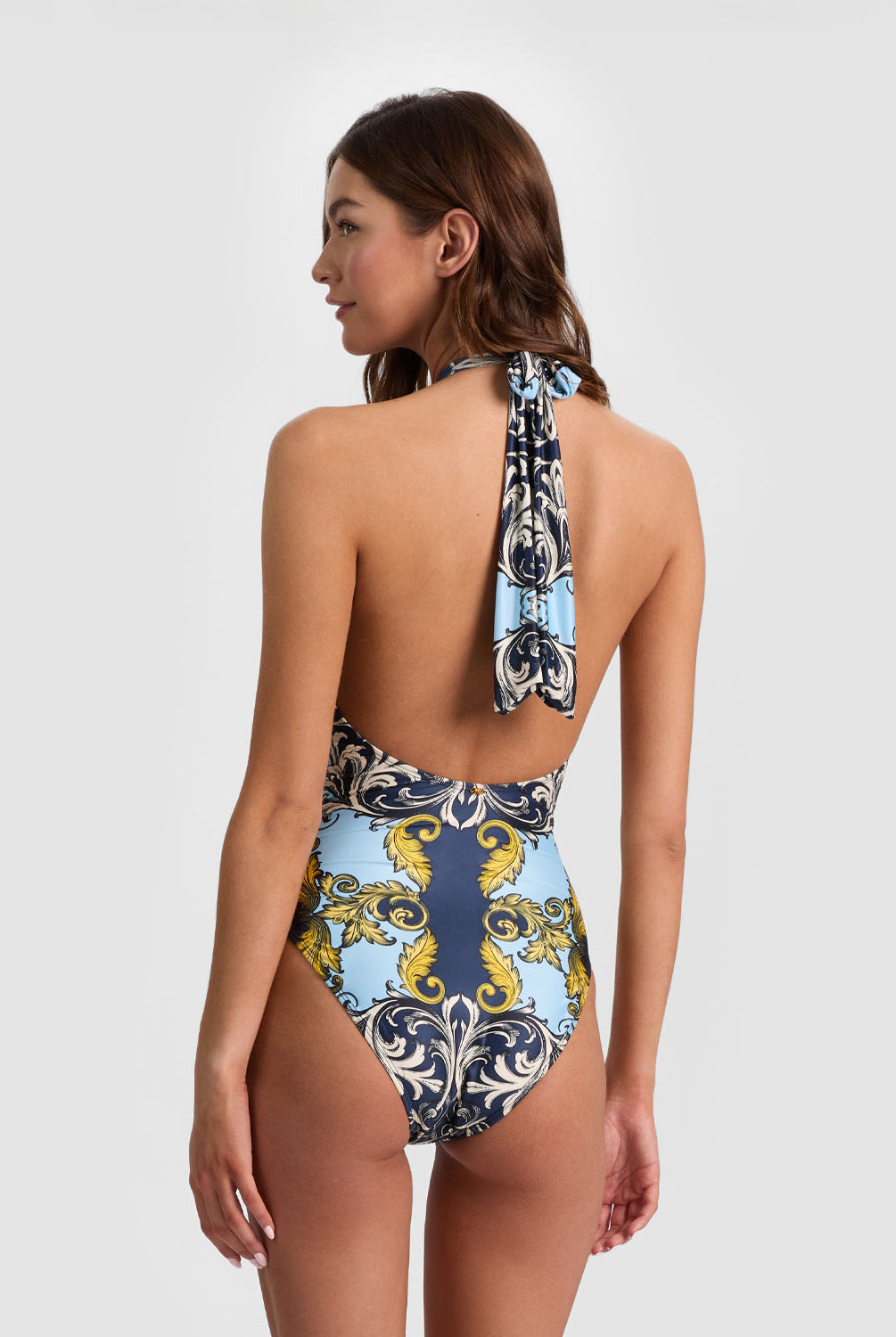 Antique Scroll Cross Front One Piece halter swimsuit with front slit and oversized bow back
