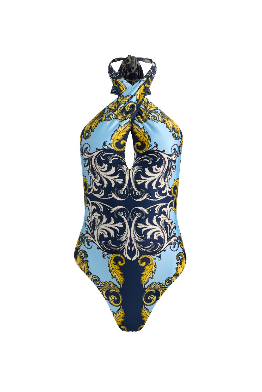 Antique Scroll Cross Front One Piece halter swimsuit with front slit and oversized bow back