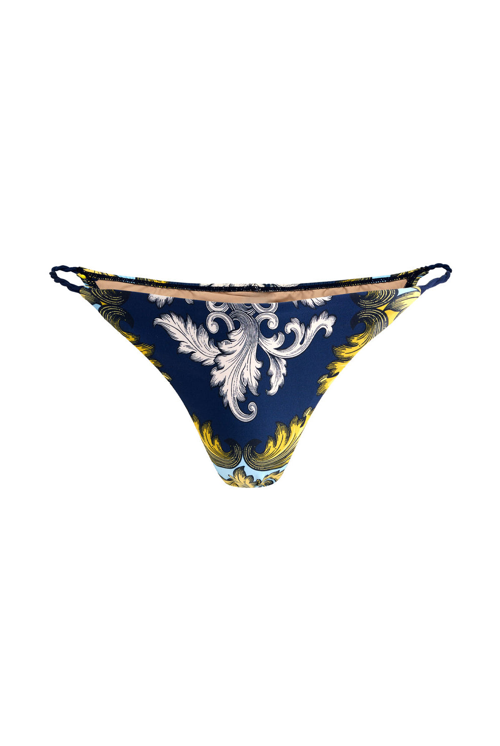 Antique Scroll Rope Bottom bikini with baroque twisted rope ties and vintage-inspired scroll print.