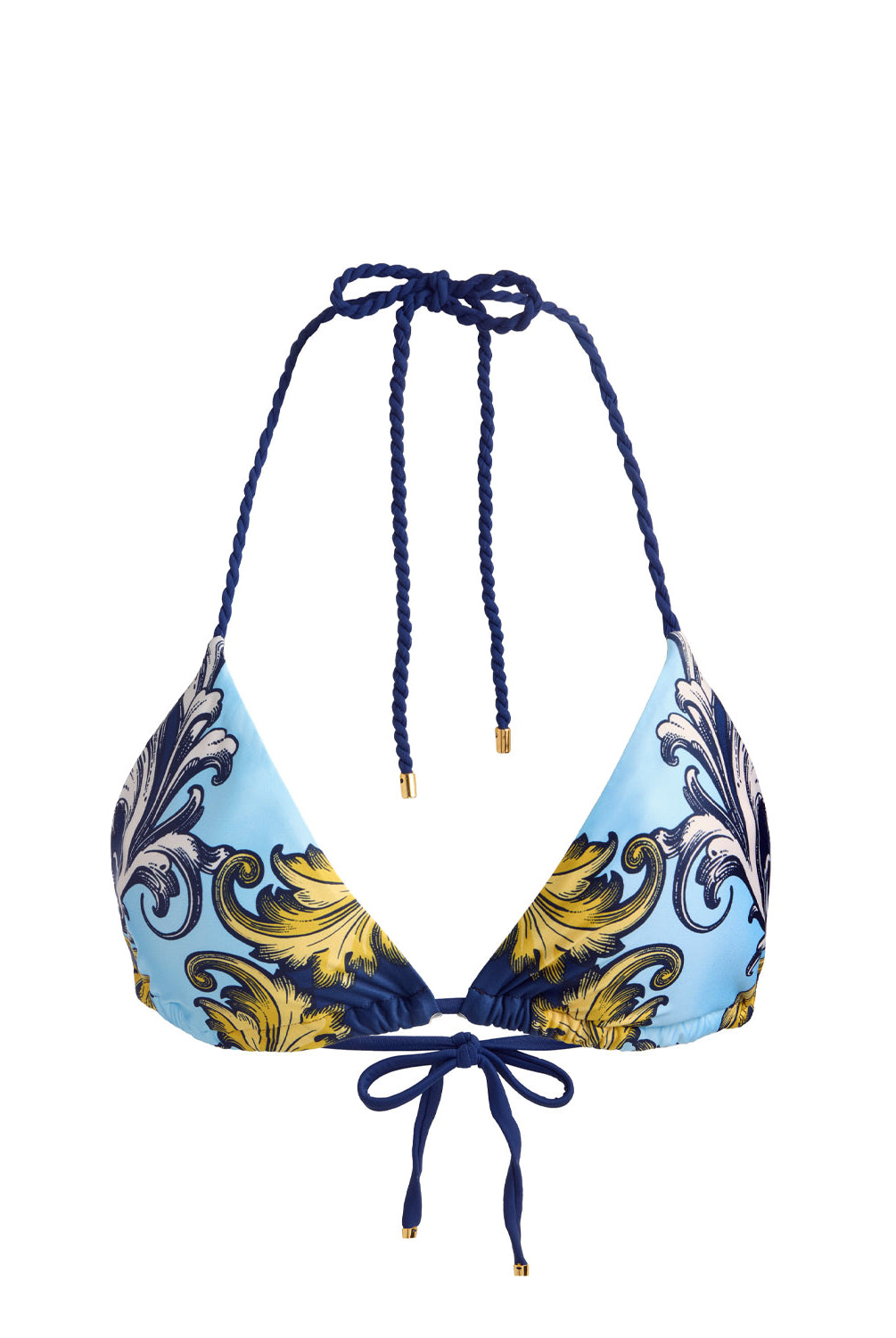 Antique Scroll Rope Triangle Top classic string bikini in antique scroll print with baroque twisted rope ties from ALICE + OLIVIA x PQ Swim.
