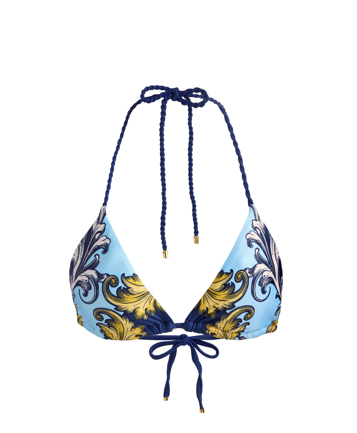 Antique Scroll Rope Triangle Top classic string bikini in antique scroll print with baroque twisted rope ties from ALICE + OLIVIA x PQ Swim.
