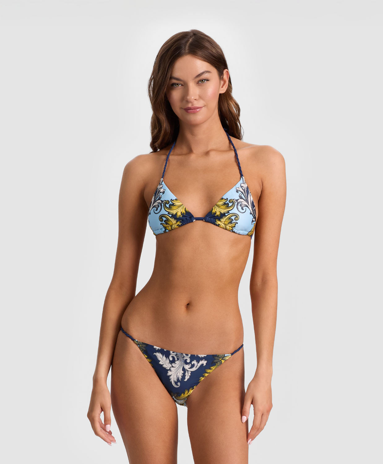 Antique Scroll Rope Triangle Top classic string bikini in antique scroll print with baroque twisted rope ties from ALICE + OLIVIA x PQ Swim.