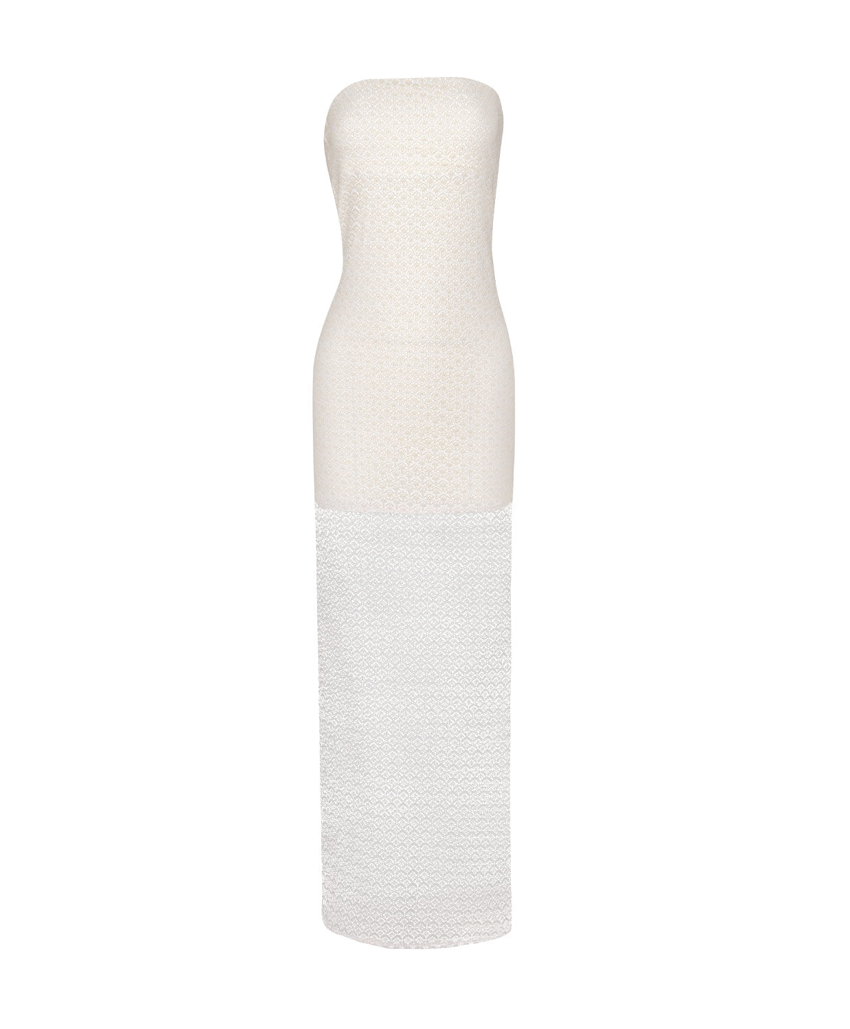 Biscotti Aura Dress lace strapless silhouette with sheer lace hem and back slit, elegant resort-ready dress