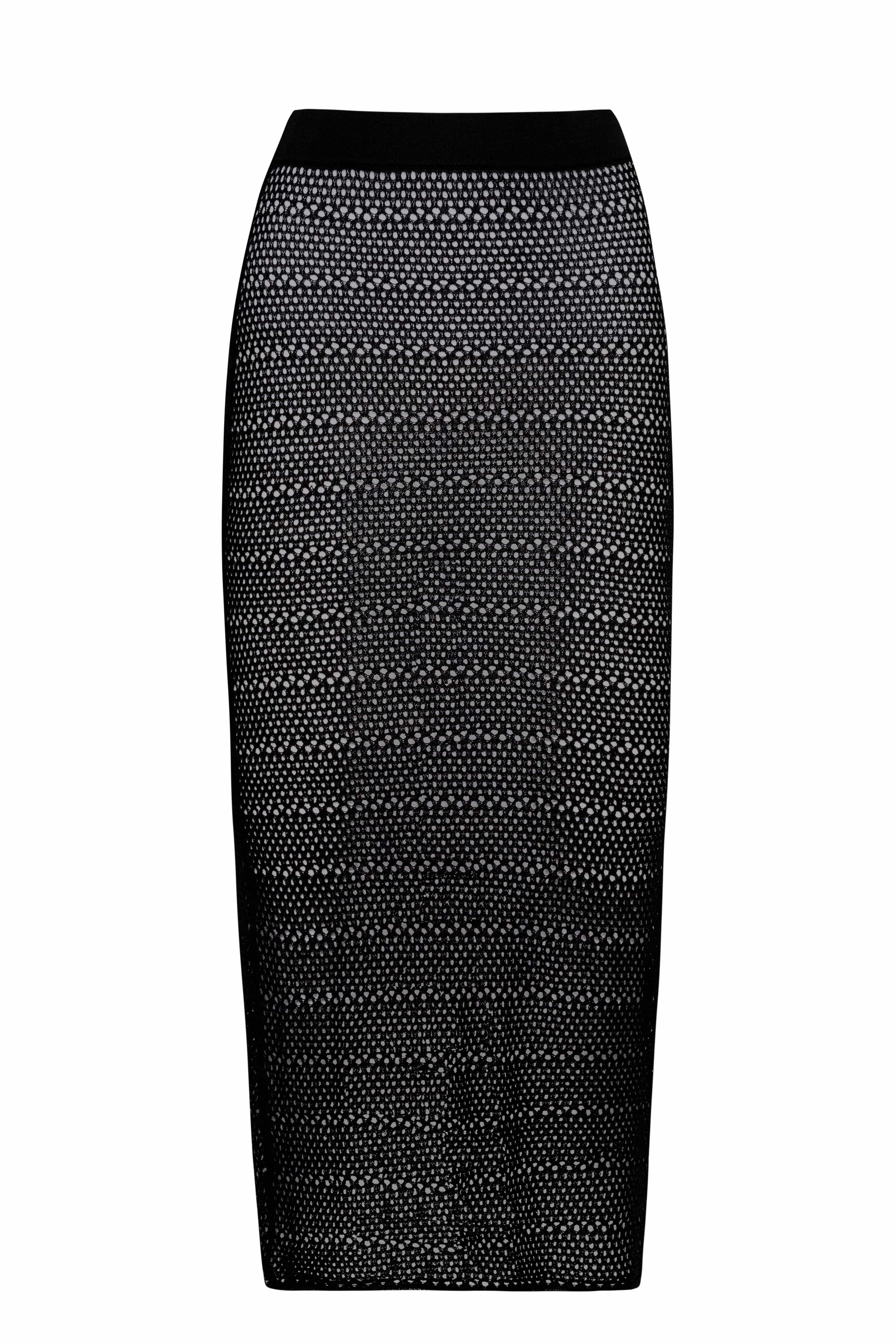 Black, crochet midi skirt in front of a white background.