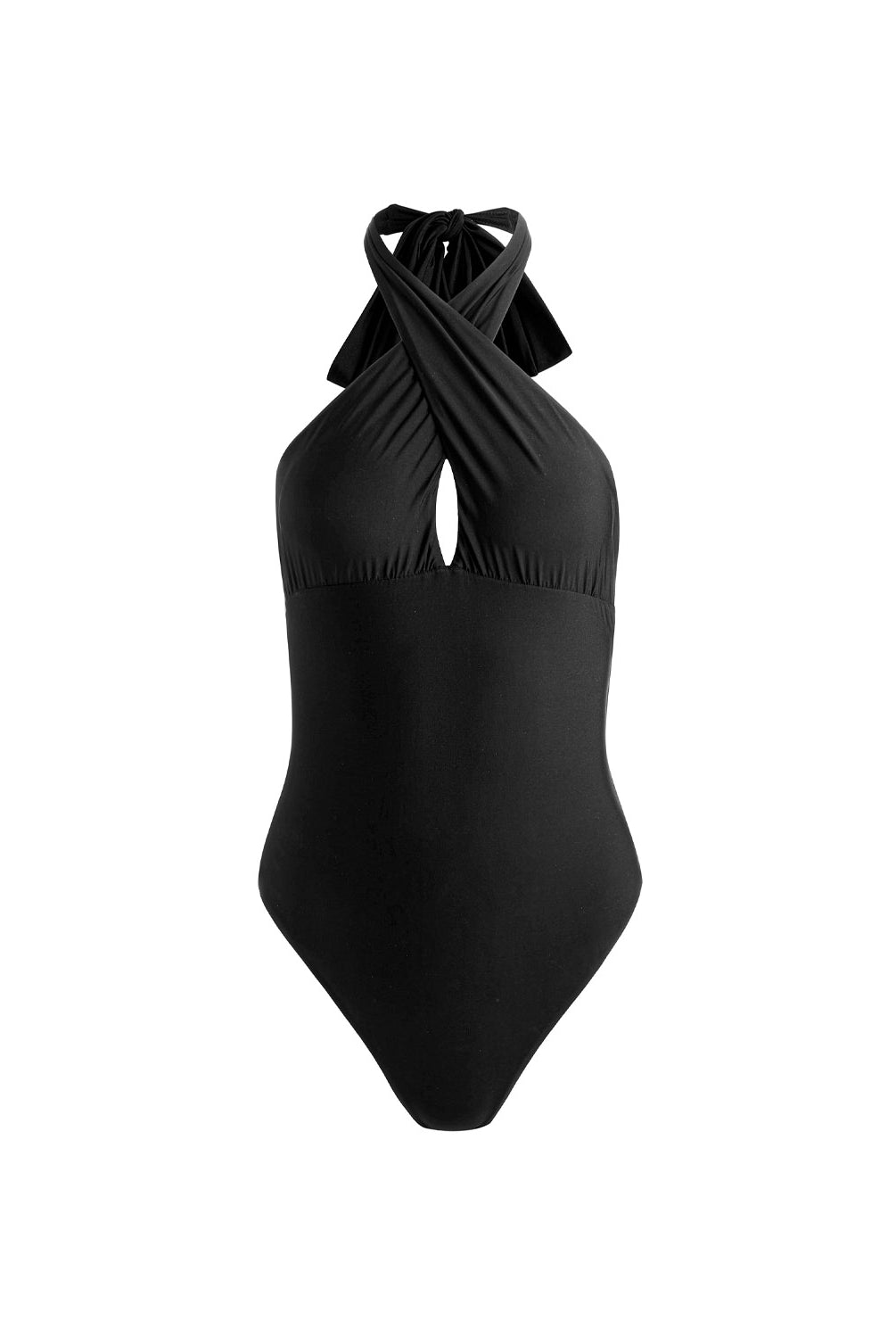 Black Cross Front One Piece from ALICE + OLIVIA x PQ Swim featuring a halter neckline, front peek-a-boo slit, and oversized bow back detail.