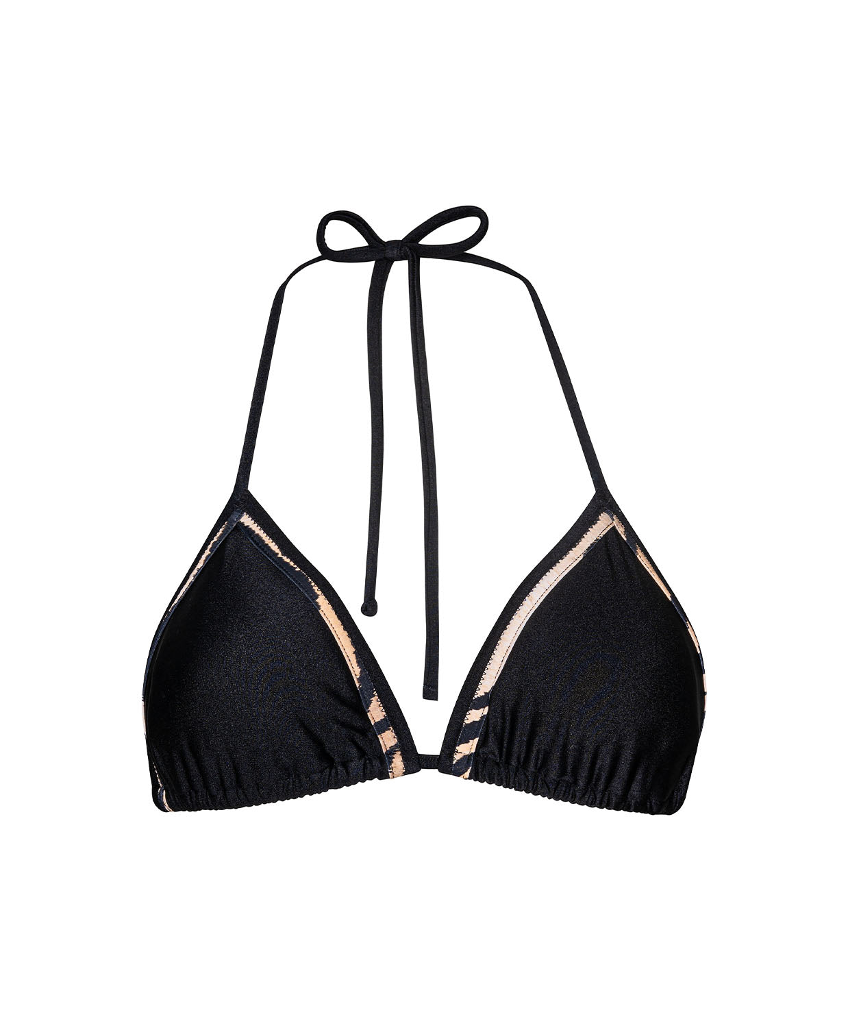 Black Thea Triangle Top bikini with tiger-print trim and adjustable ties.