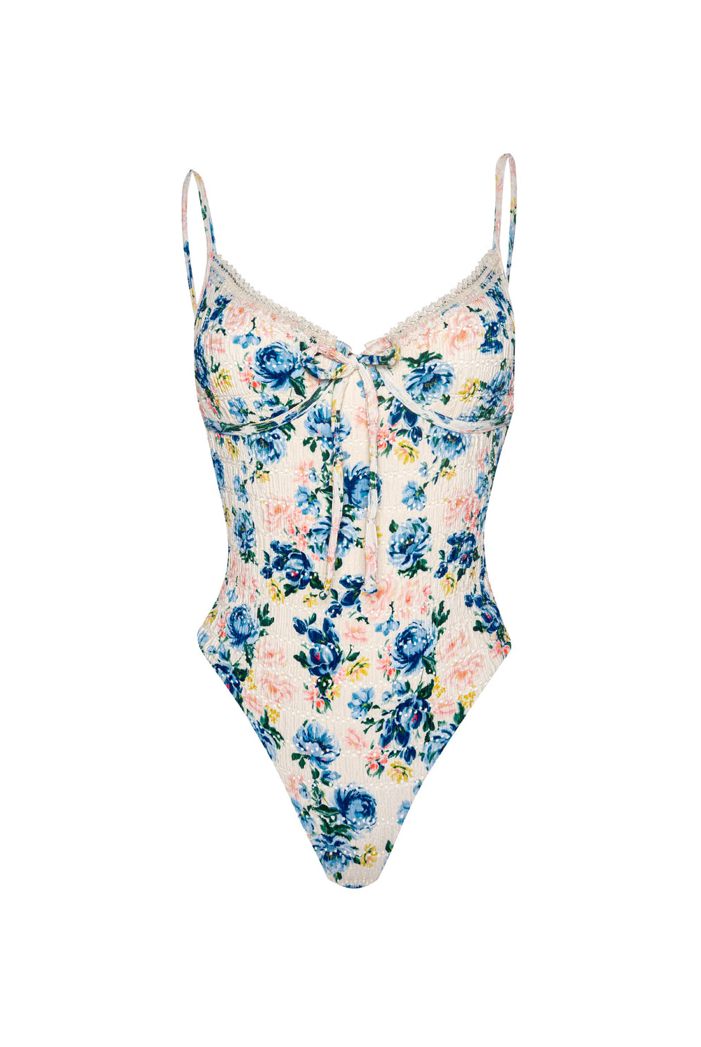 Blossom Marilyn One Piece floral underwire swimsuit with crochet trim and front bow