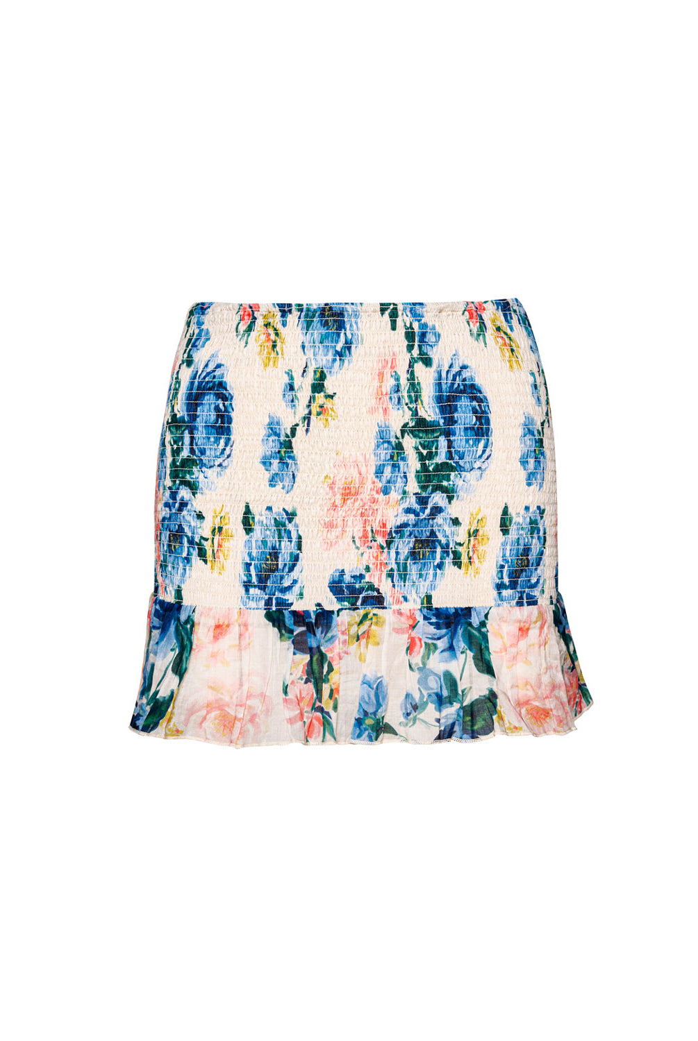 Blossom Ruby Smocked Skirt with floral print, fully smocked fit, and ruffled hem