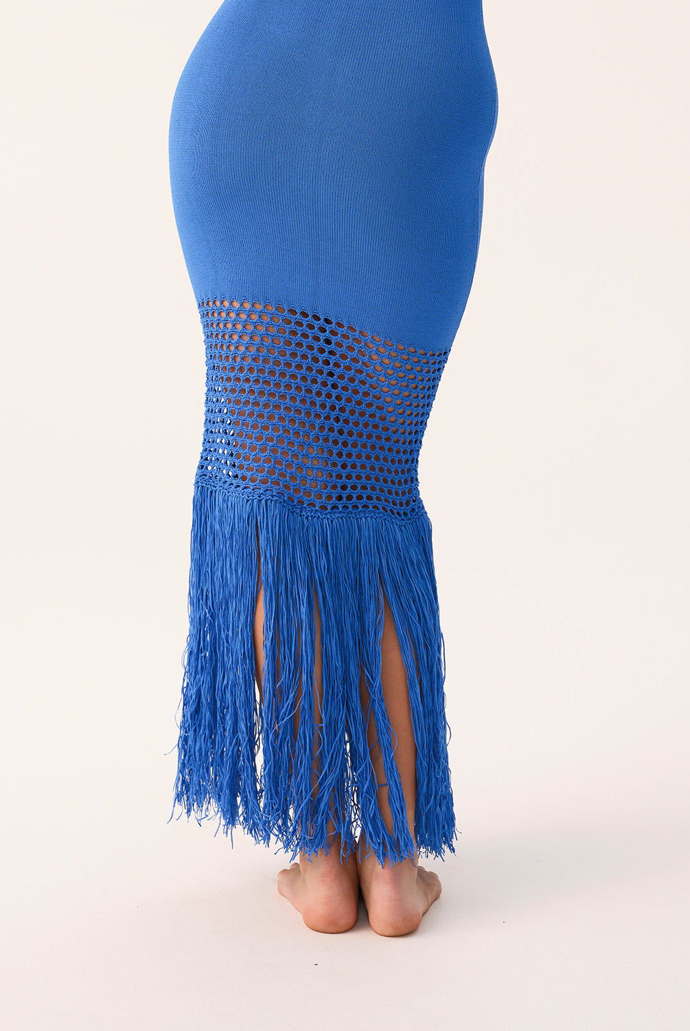 Blueberry Claudia Fringe Dress, a classic knit silhouette with playful fringe and crochet details