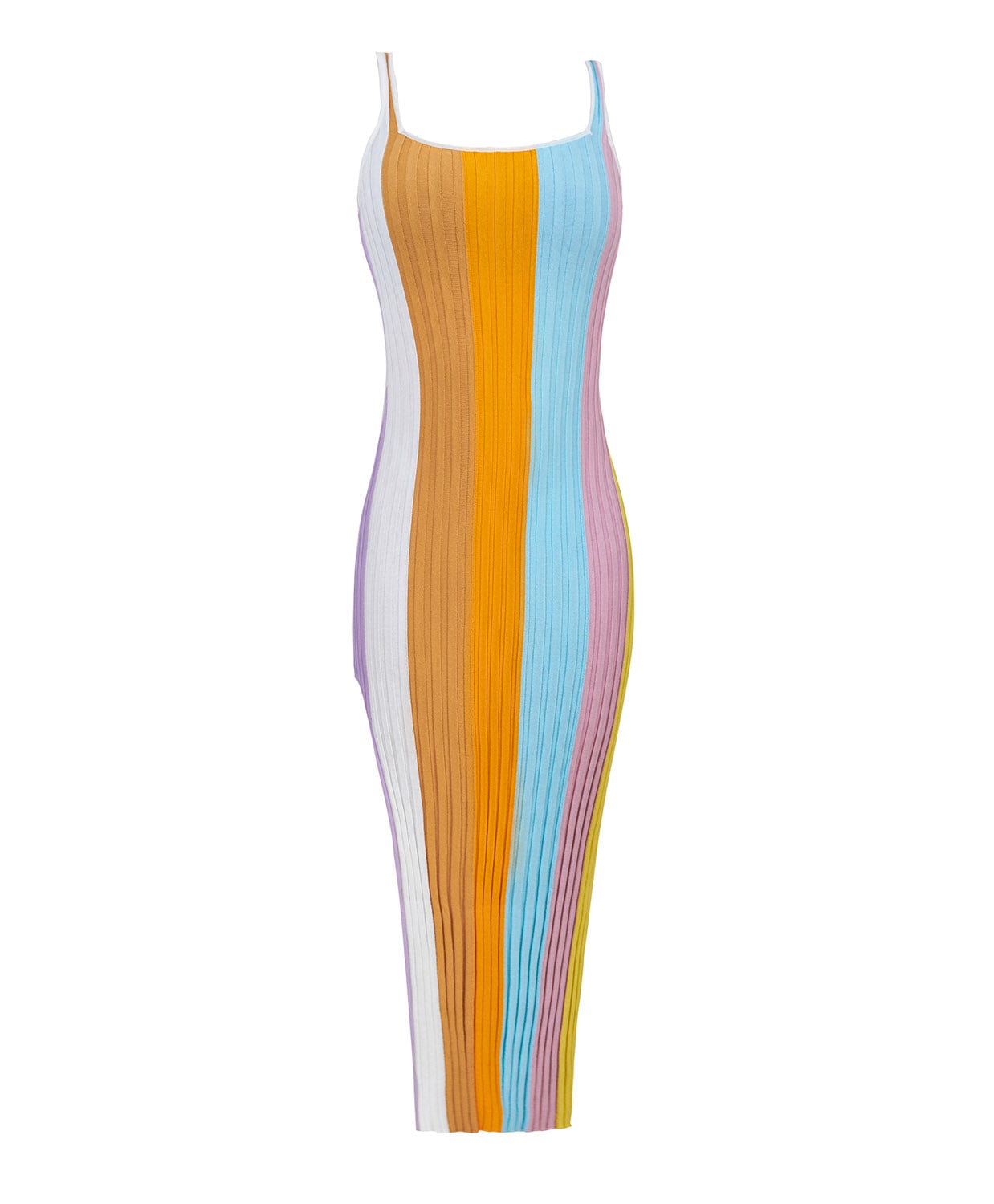 A multi colored stripe dress against a white wall.