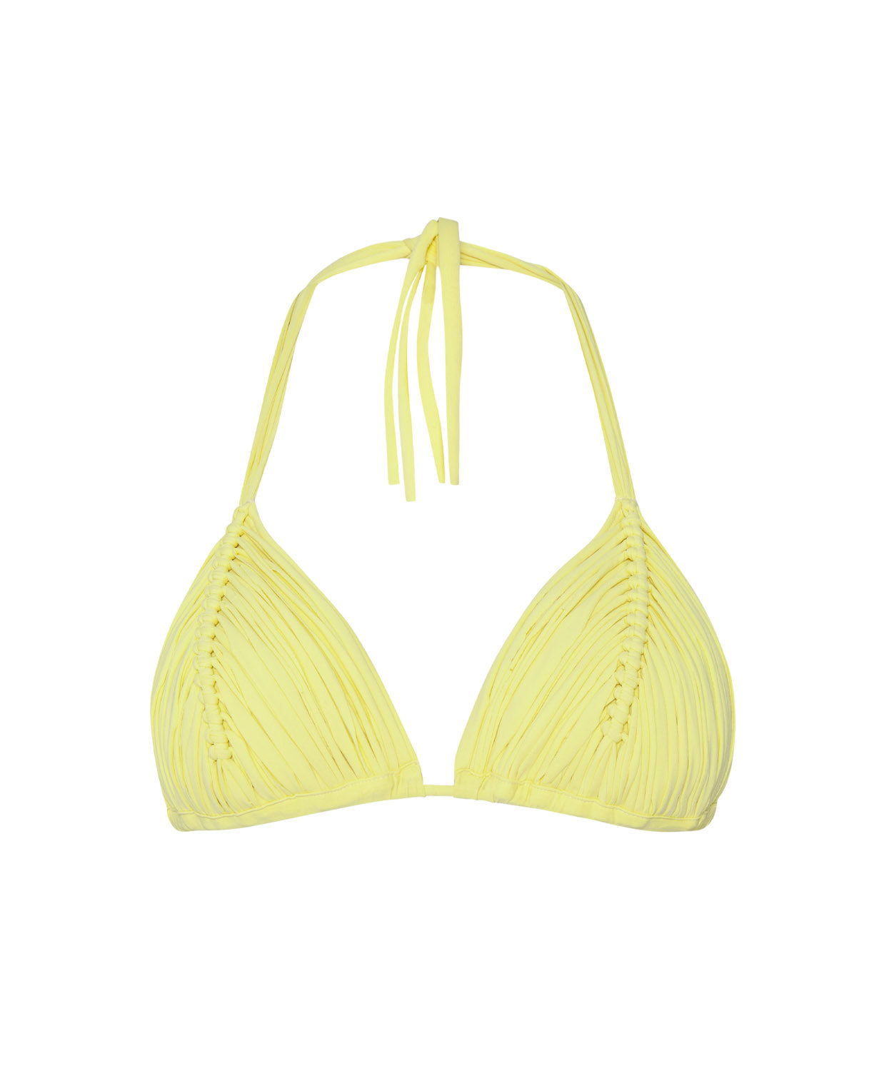 Buttercup Isla Triangle Top with handwoven macramé detailing in soft butter yellow for a secure, flattering fit.
