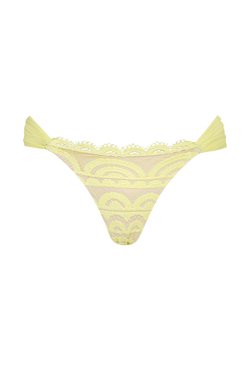 Buttercup Lace Fanned Bottom bikini bottom in pastel yellow with hand-cut lace, cheeky fit, and ruched back detail.