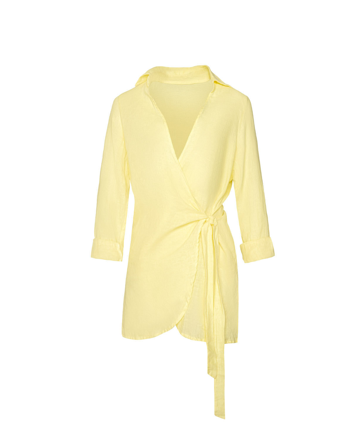 Buttercup Lily Cover Up in pastel yellow linen with classic collar, tailored sleeves, and adjustable side tie.