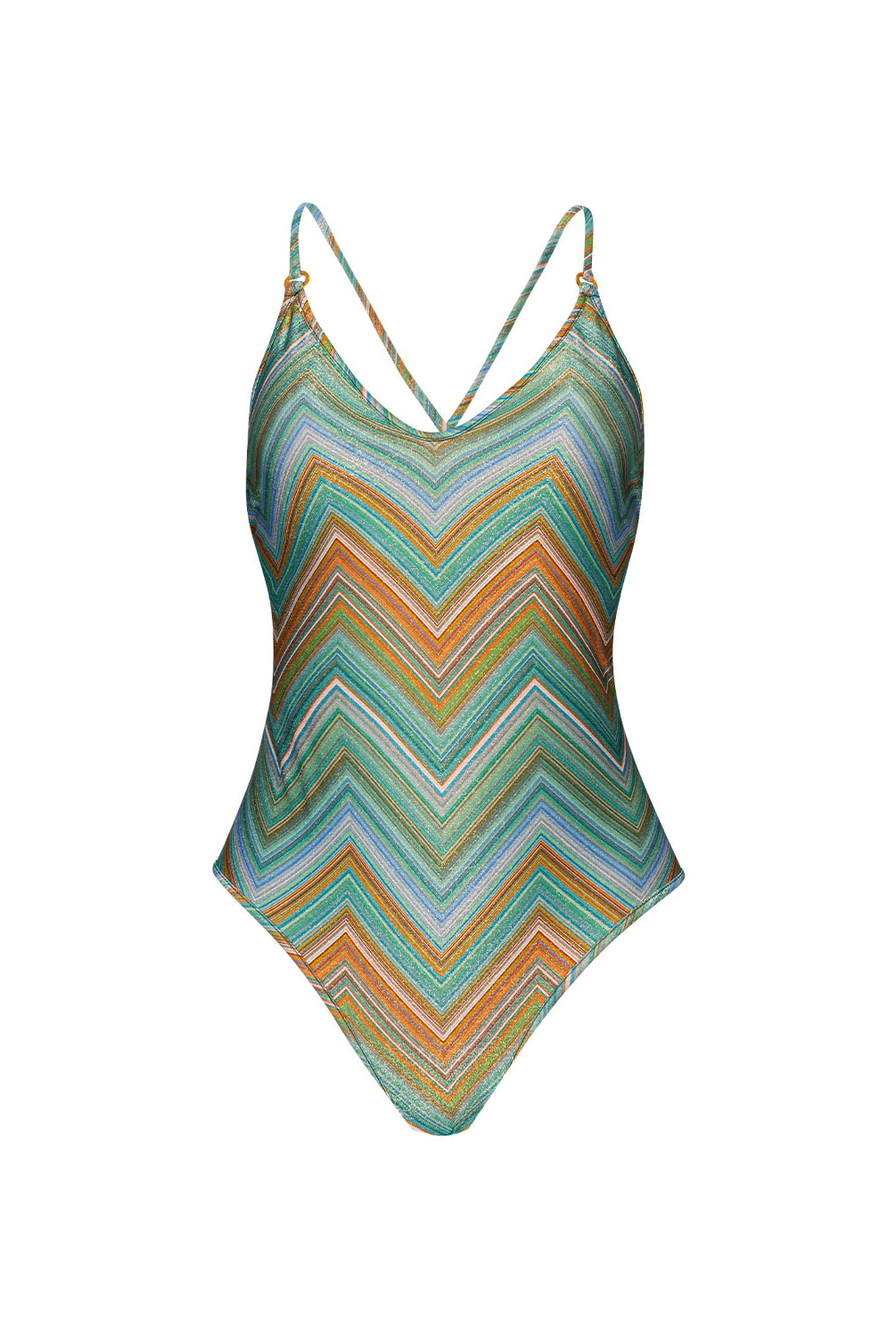 Chevy Alice One Piece women’s swimsuit in multicolor gradient chevron with gold lurex, plunging V-neck