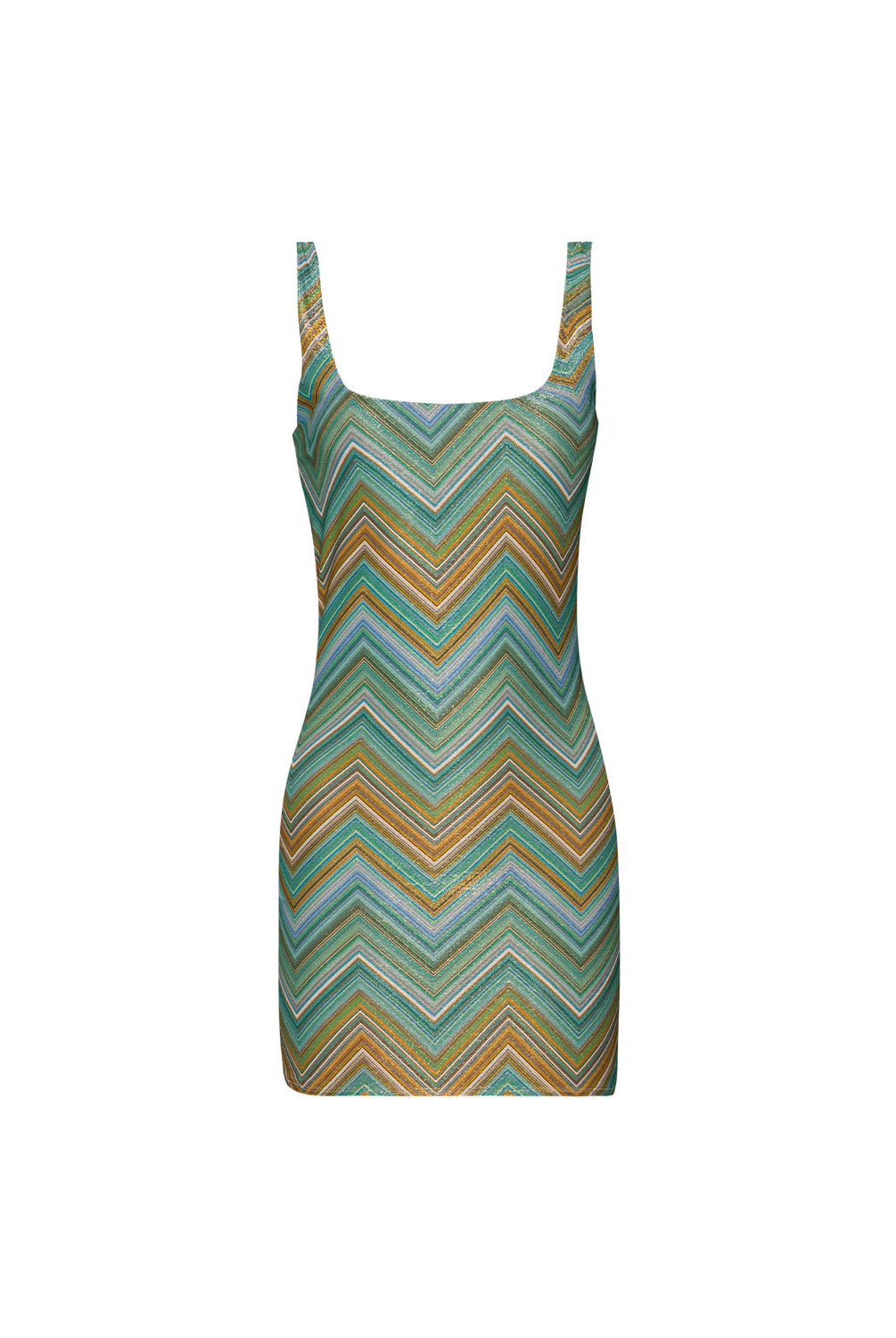 Striped dress with green, blue, and orange pattern on a white background