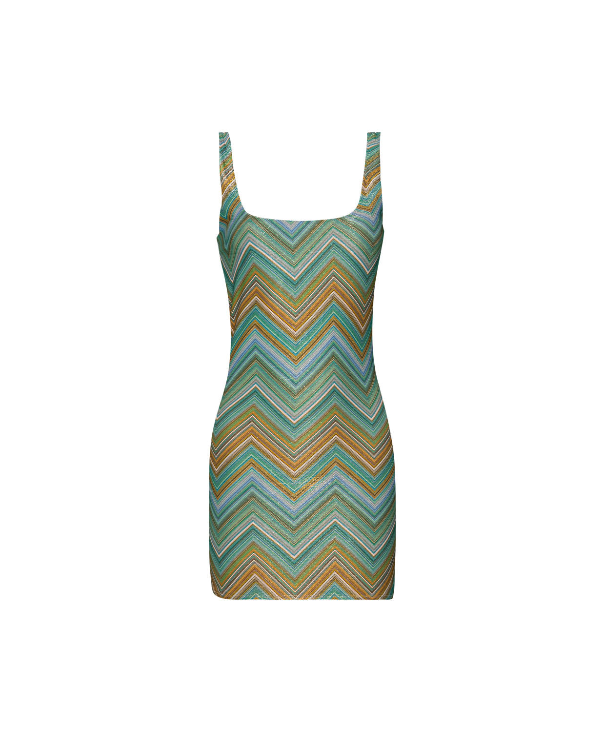 Striped dress with green, blue, and orange pattern on a white background