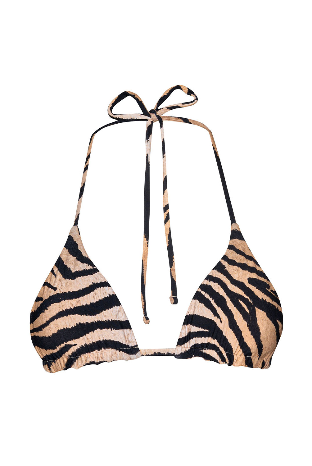 Cleo Paige Triangle Top – animal-print bikini top with adjustable ties and removable padding.