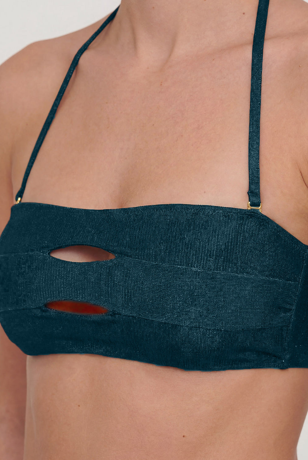 Cosmic Color Block Bandeau glossy bandeau swimsuit with center cutouts and high-shine finish