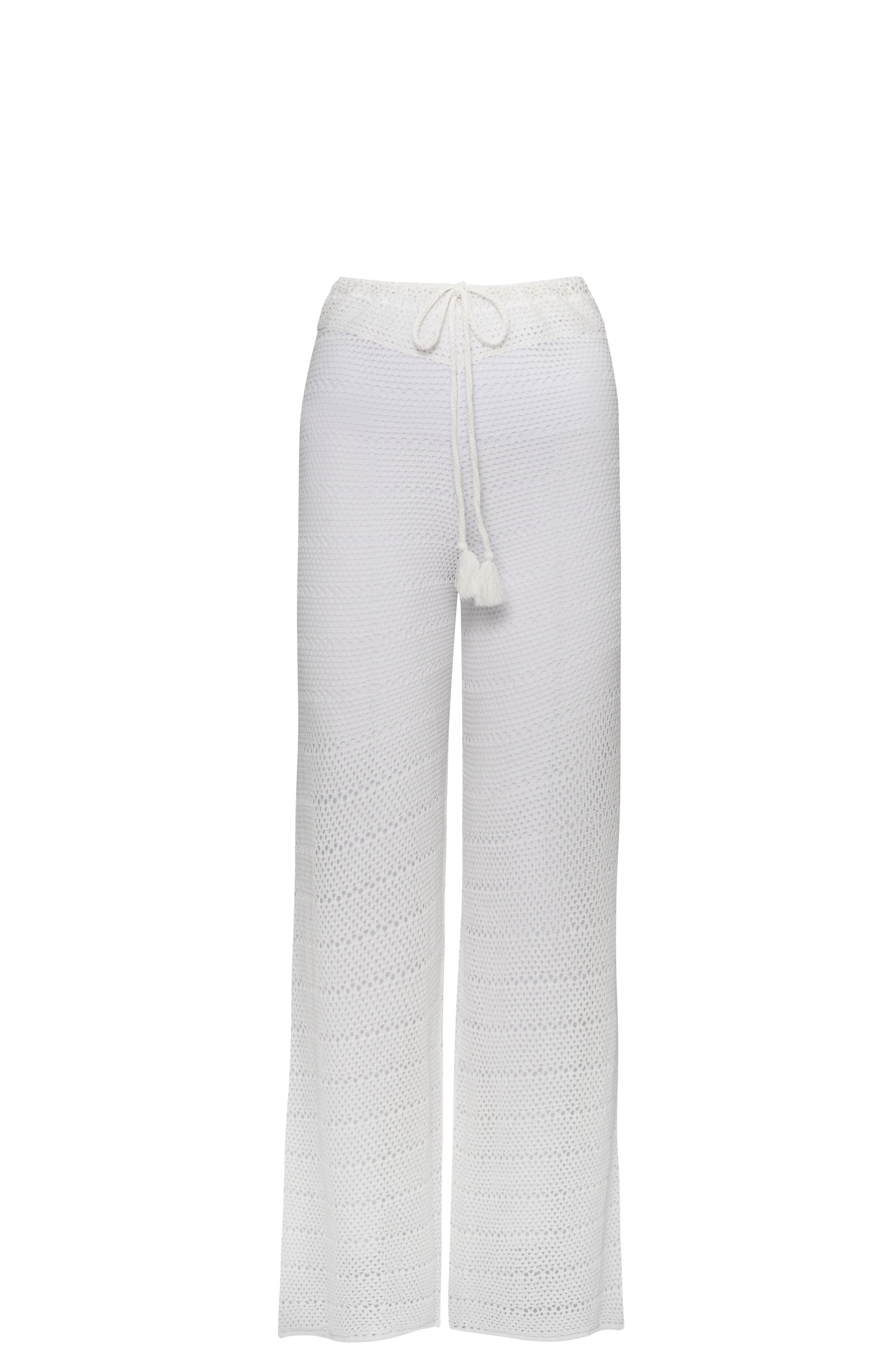 White, crochet pants in front of a white background.