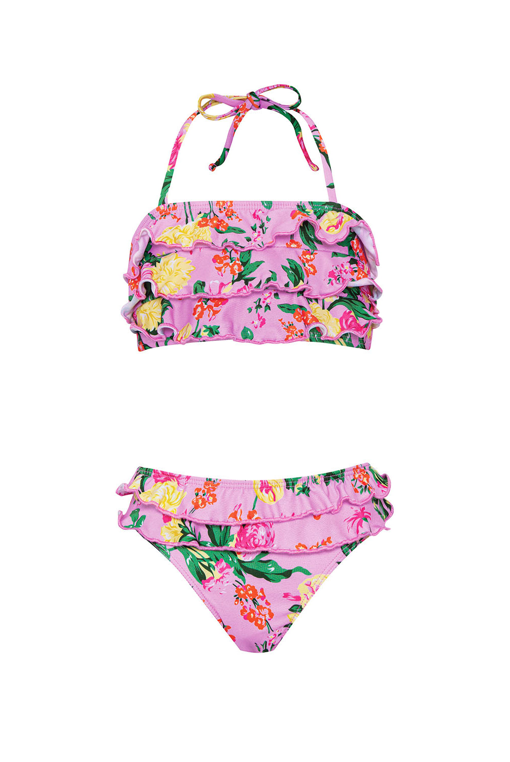 Kids Dahlia Ruffle Bikini – pink floral two-piece swimsuit with bold ruffles and adjustable neck ties.