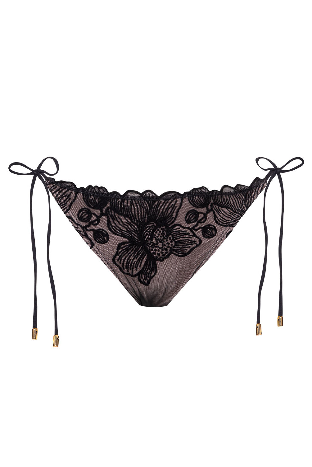 Eclipse Tie Side Bottom in sheer black mesh with velvet floral, adjustable hip ties