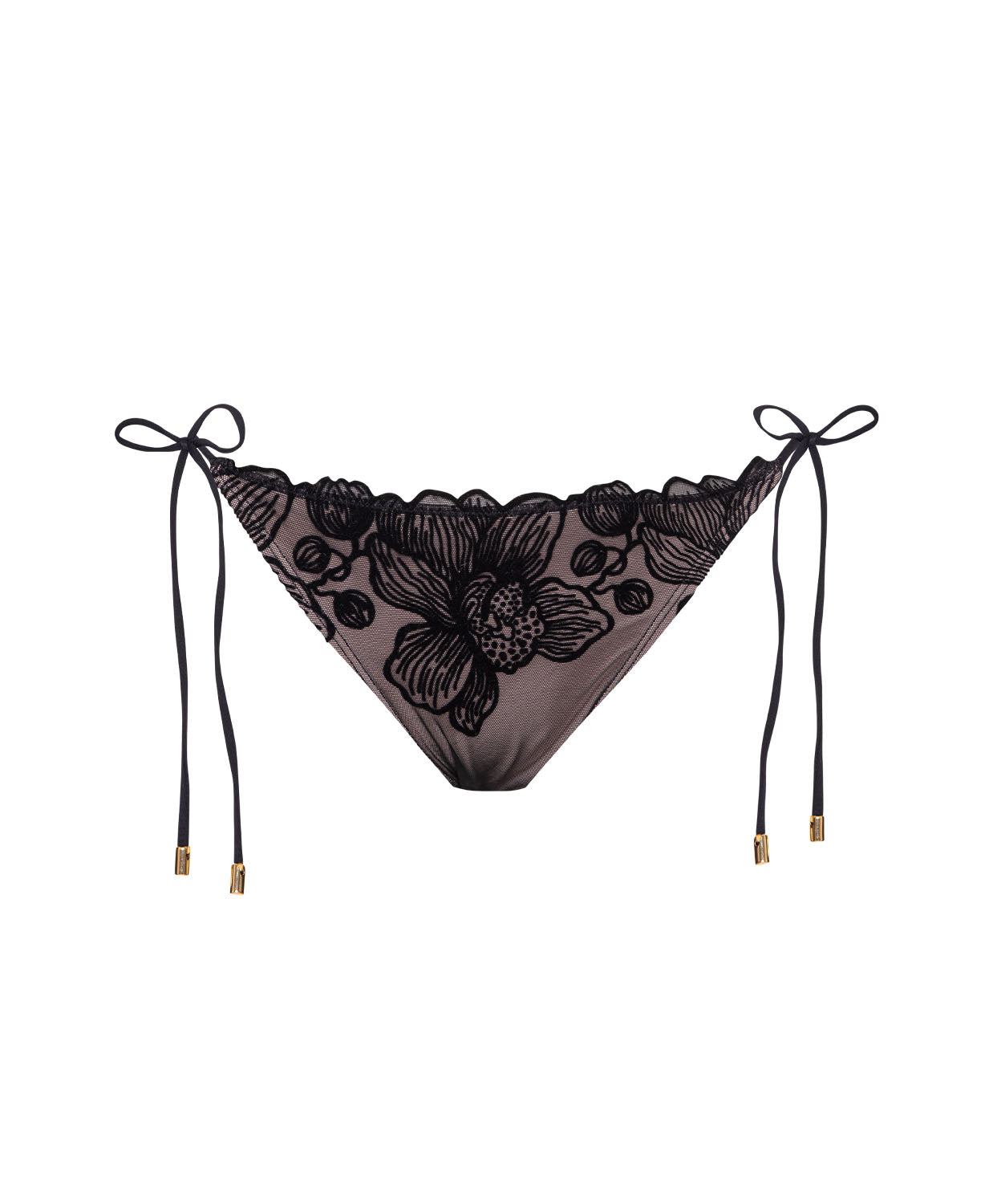Eclipse Tie Side Bottom in sheer black mesh with velvet floral, adjustable hip ties