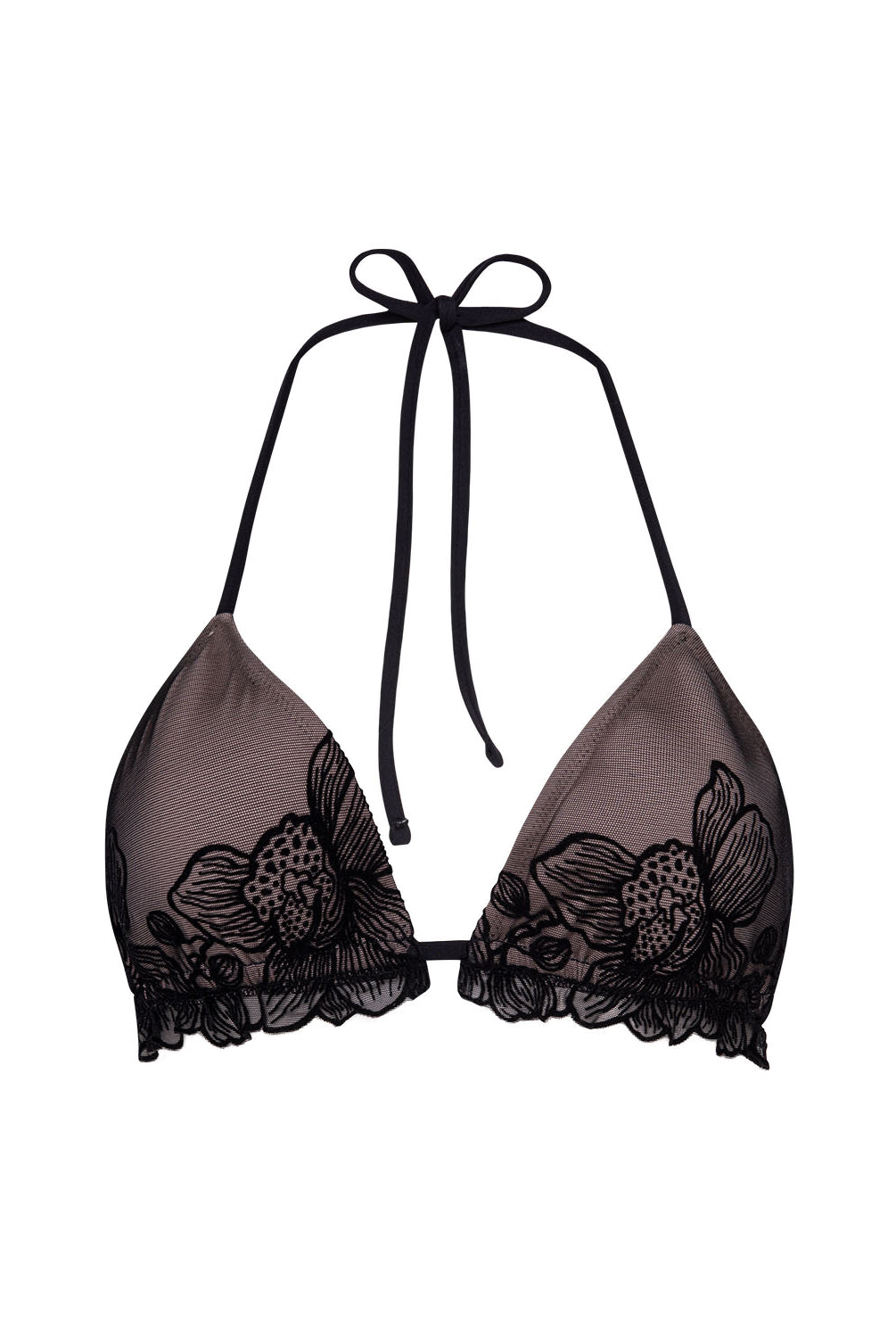 Black lace bikini top on a white background