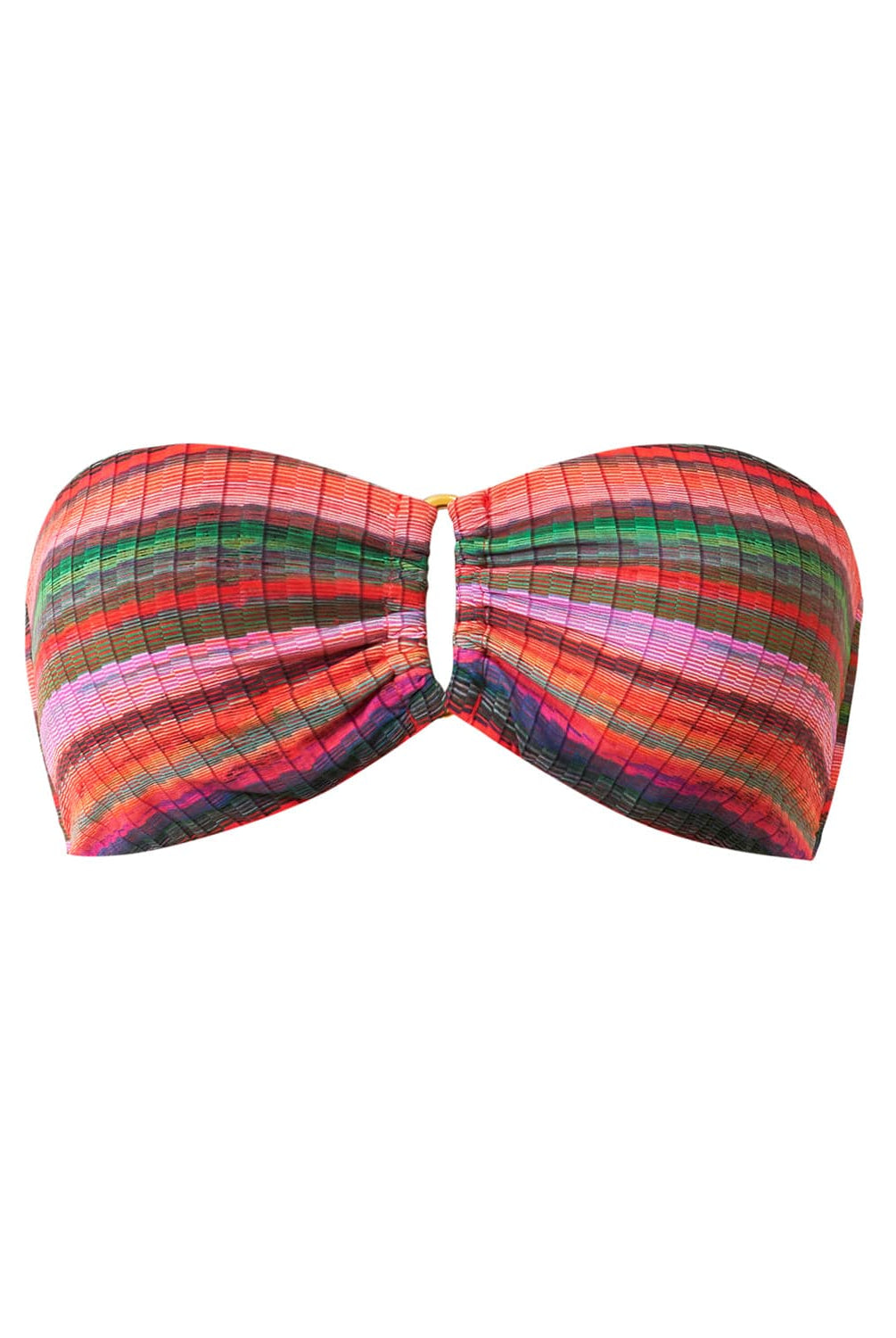 A multi-colored stripe print bandeau bikini top with gold details. Featured against a white wall background.