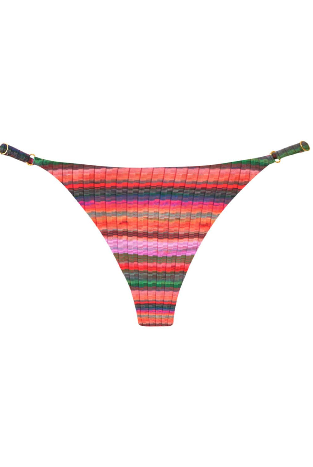 A multi-colored stripe print adjustable bikini bottom with gold details. Featured against a white wall background.