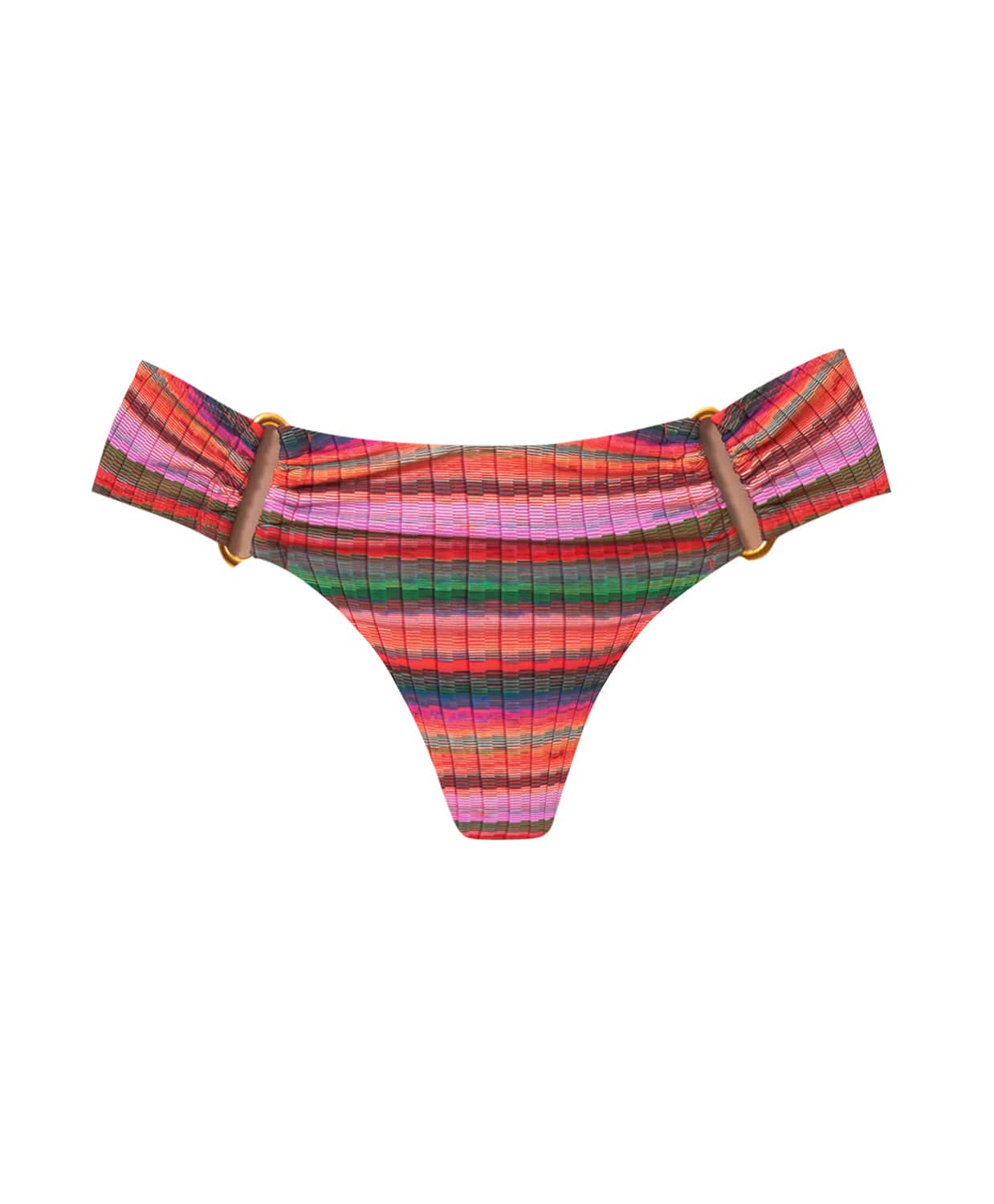 A multi-colored stripe print fanned bikini bottom with gold details. Featured against a white wall background.