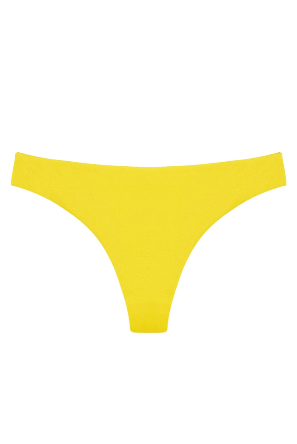 A yellow ruched bikini bottom. Featured against a white wall background.