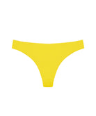 A yellow ruched bikini bottom. Featured against a white wall background.