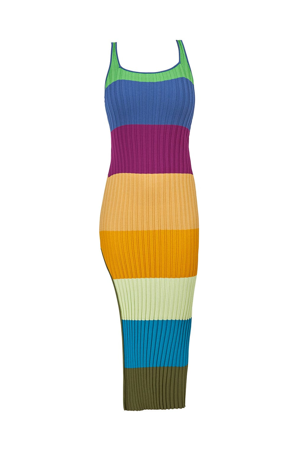 A multi-colored stripe pattern dress with side slit. Featured against a white wall background.