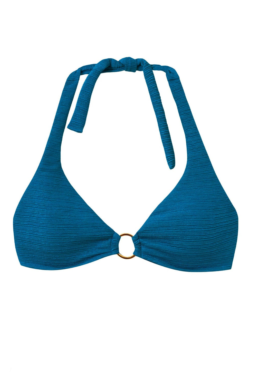 A textured turquoise halter bikini top with gold details. Featured against a white wall background.