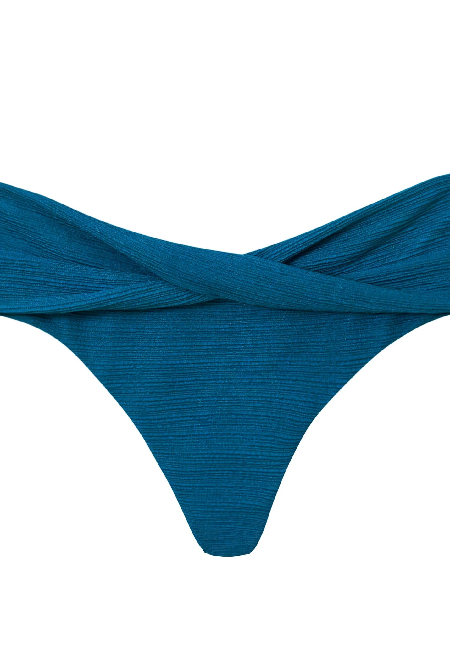 A textured turquoise bikini bottom with crisscross front detail. Featured against a white wall background.
