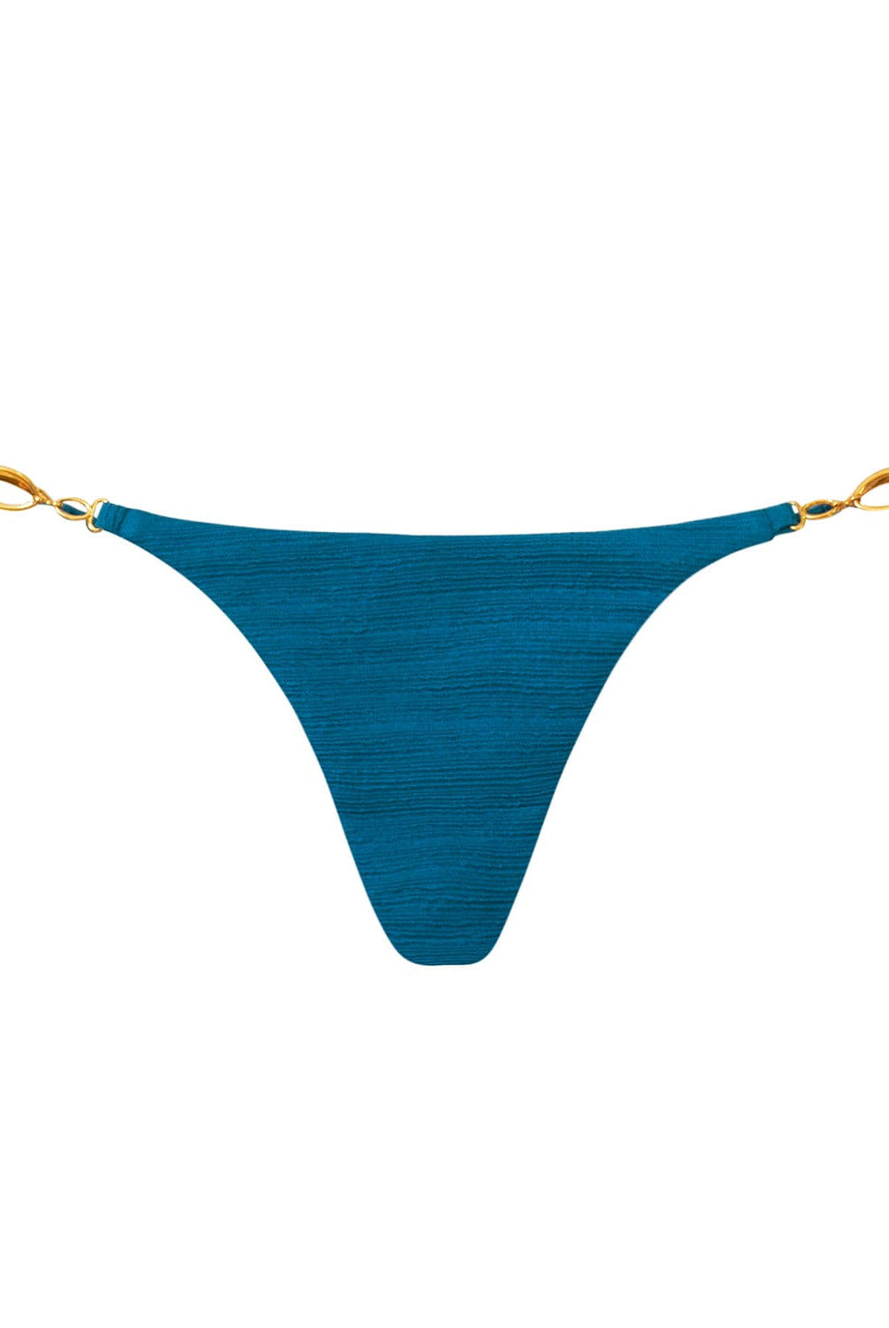 A textured turquoise bikini bottom with gold details. Featured against a white wall background.