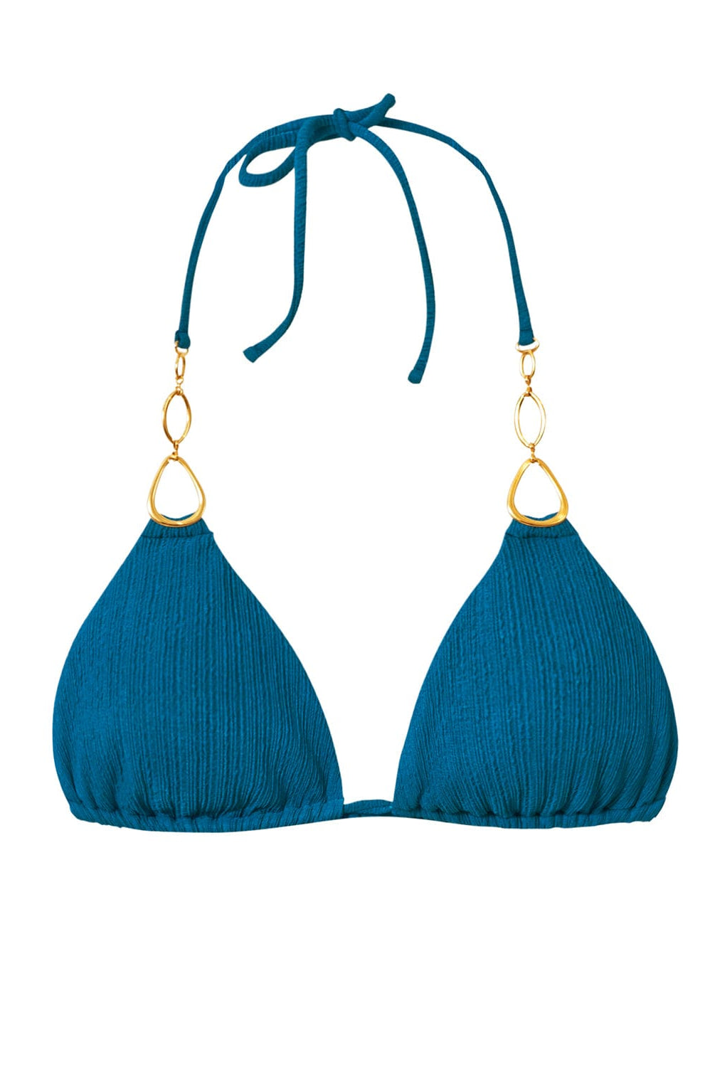 A textured turquoise triangle shape bikini top with gold details. Featured against a white wall background.